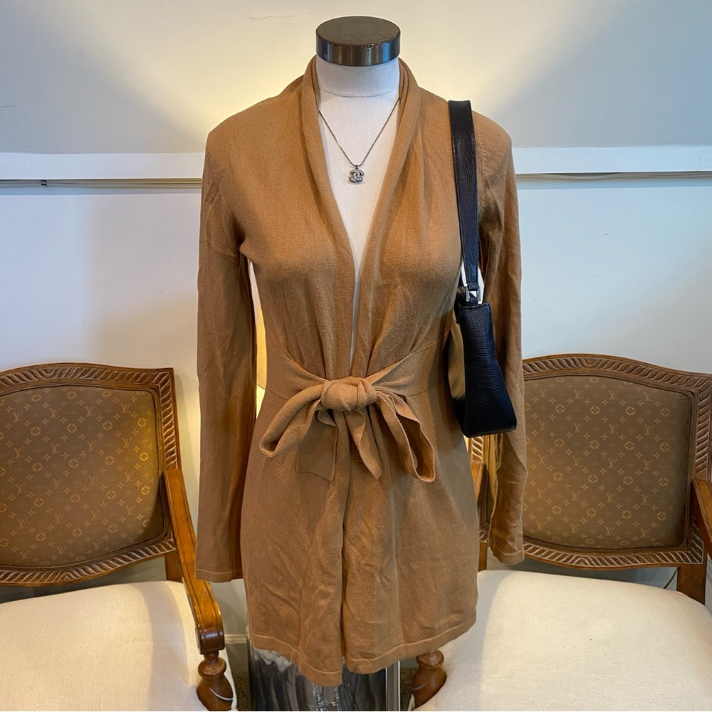 Tracy Negoshian Tan Camel Knit Belted Cardigan Sweater, Cotton Silk Blend, XS/S